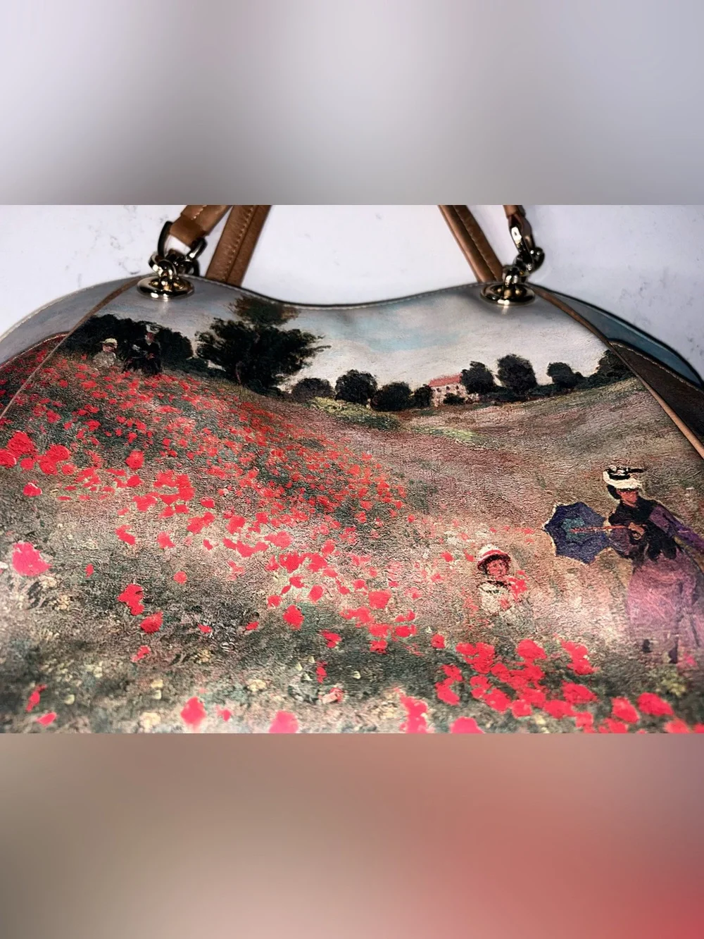 Icon Los Angeles Vintage Leather Tote Bag Claude Monet Poppy Field Art Handbag